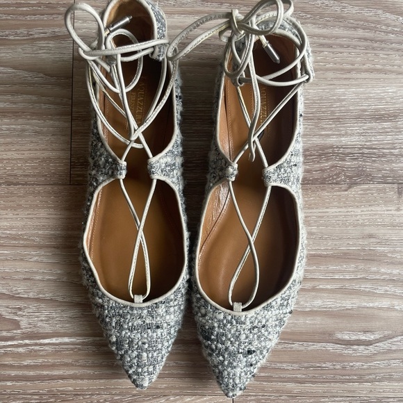 Aquazzura Italian Christy Tweed Lace-up Ballet Flats - Picture 2 of 6